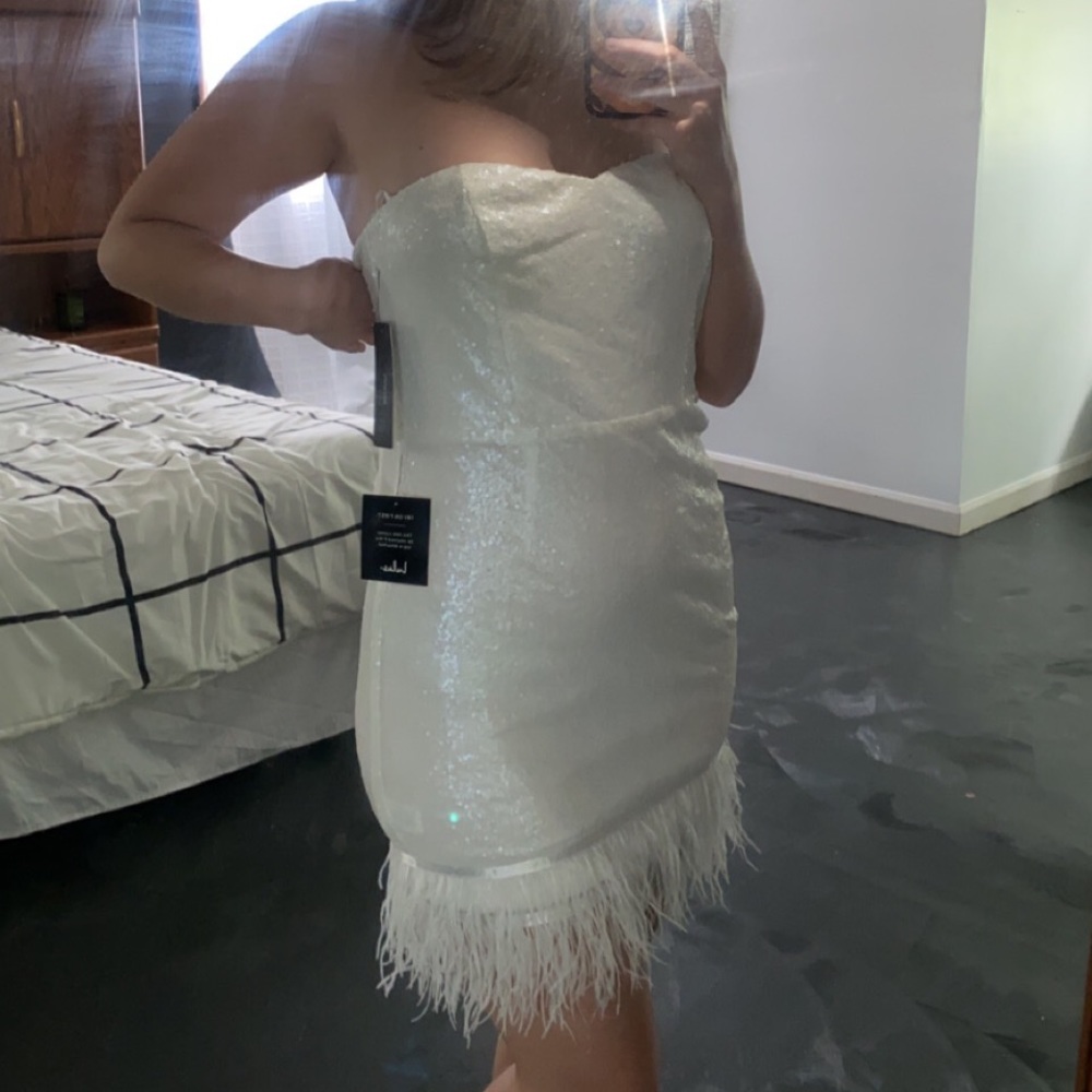 White Strapless Sequins Mini Dress with Feathers